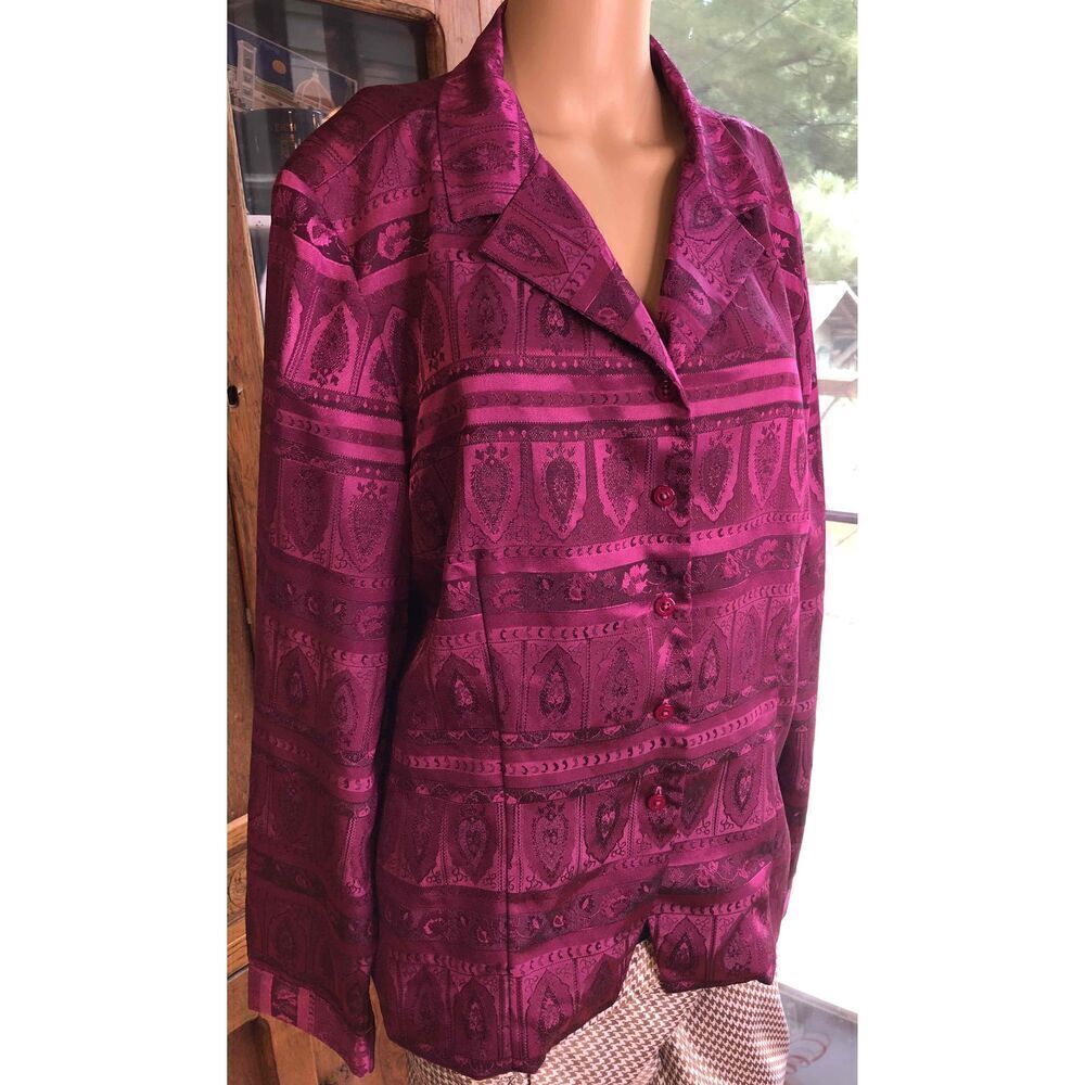 Joan Leslie Purple Magenta Satin Button Up Blouse Long Sleeves Collared  18